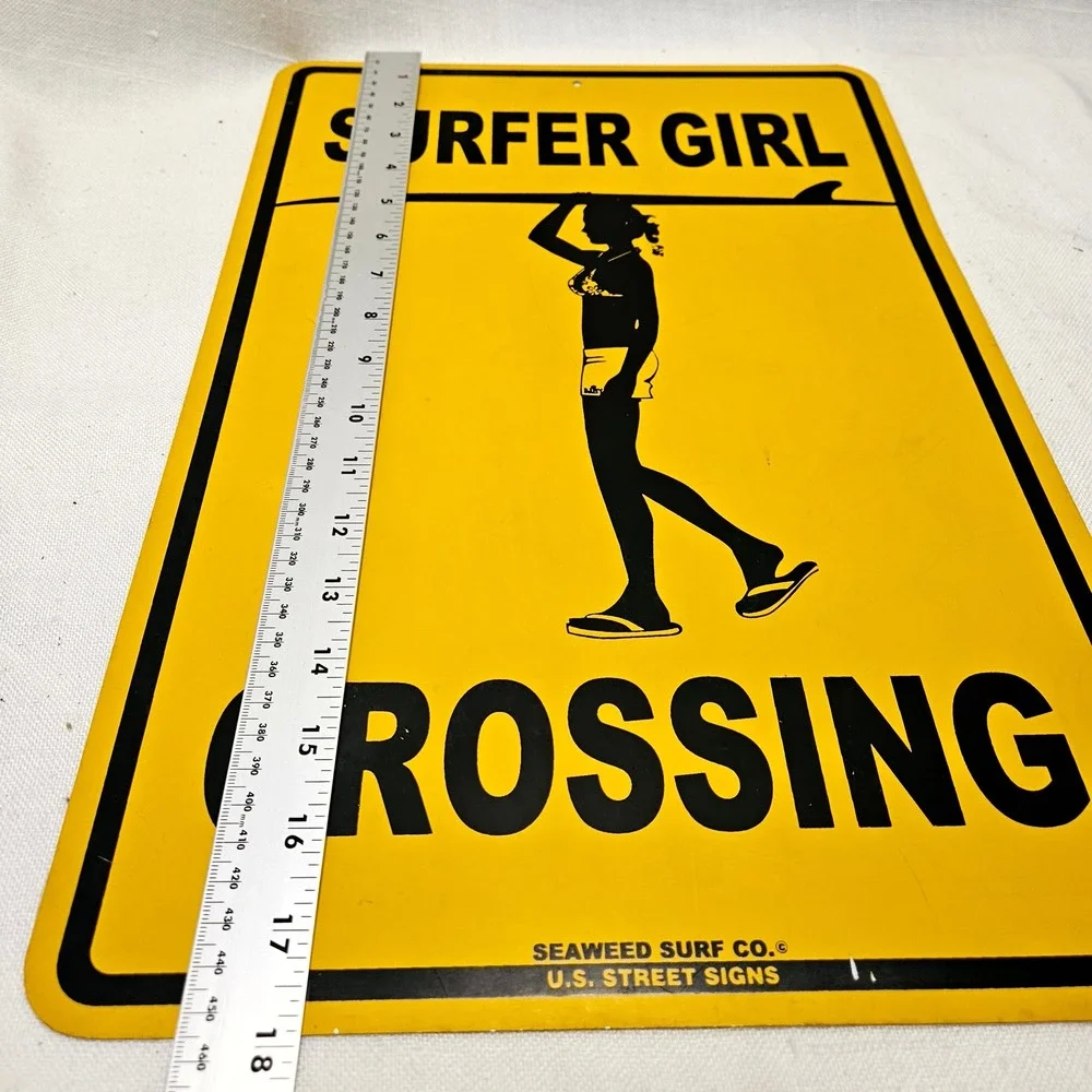 Seaweed Surf Co Surfer Girl Crossing Metal Sign 12x18 Yellow Beach Decor Novelty